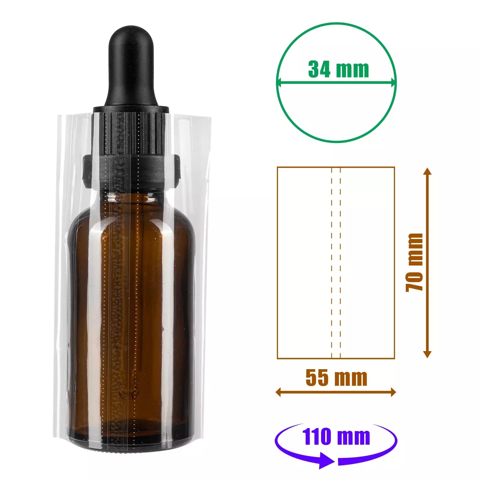 Transparente Schrumpffolie 70x55mm mit Perforation für Flaschen und Verpackungen, Durchmesser bis 34mm